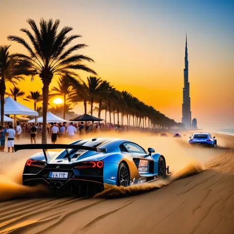 beach racing ，sunset，Golden light enveloped the entire venue，The beach is crowded with tourists，They enjoy time under colorful umbrellas，Watch high-speed cars speed by，Racing design fashion，aerodynamics，Huge air intake，Curvy，Speeding on the sand，kicking up...