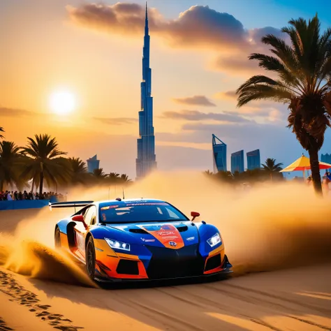 beach racing ，sunset，golden light enveloped the entire venue，the beach is crowded with tourists，they enjoy time under colorful u...