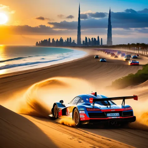 beach racing ，sunset，golden light enveloped the entire venue，the beach is crowded with tourists，they enjoy time under colorful u...