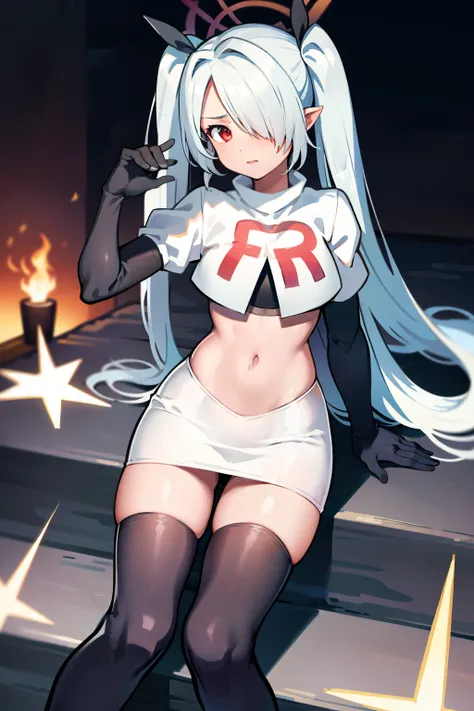 (masterpiece), 1girl, hair over one eye,magical world, shiny steps, beautiful sky, stars, jupiter, ioridef, team rocket,team rocket uniform, red letter R, white skirt,white crop top,black thigh-highs, black elbow gloves