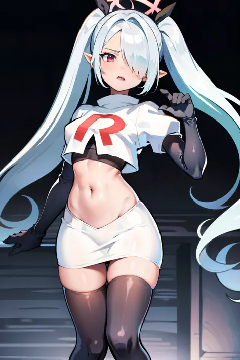 (masterpiece), 1girl, hair over one eye,magical world, shiny steps, beautiful sky, stars, jupiter, ioridef, team rocket,team rocket uniform, red letter R, white skirt,white crop top,black thigh-highs, black elbow gloves