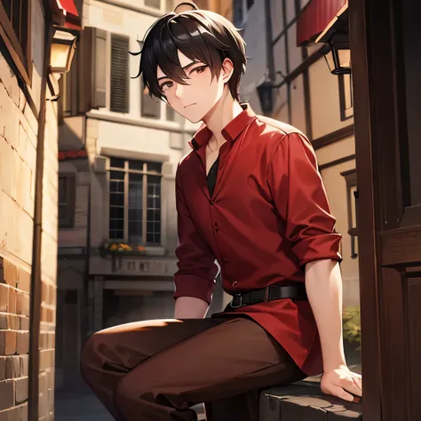 Young man, black hair, old red wear and brown pants, medieval street background, half body