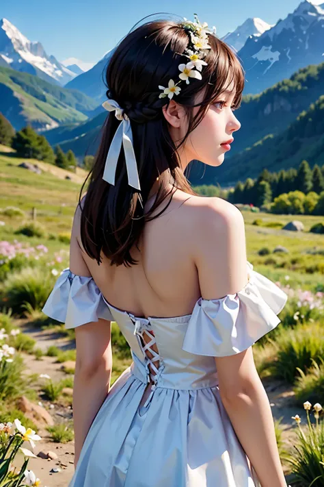 European face, Straight straight hair, hair bang, ribbon hair pin, ideal tits, off shoulder simple dress, mountain grass flower  background, Shoot chest focus, back view, aesthetic, photography 