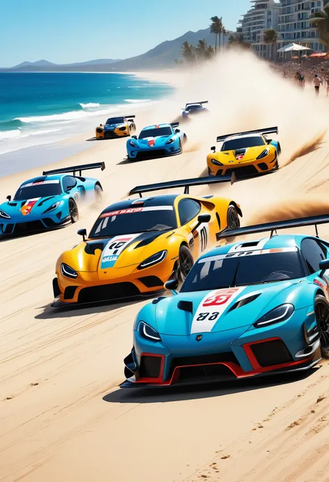 beach racing ，Dozens of stylish racing cars line up along the beach，Aerodynamic design and huge air intakes，Speeding down the sandy runway，Throwing up billows of dust and gravel，The roar of engines and squealing tires echoed across the beach，The perfect bl...