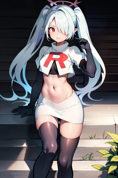 (masterpiece), 1girl, hair over one eye,magical world, shiny steps, beautiful sky, stars, jupiter, ioridef, team rocket,team rocket uniform, red letter R, white skirt,white crop top,black thigh-highs, black elbow gloves