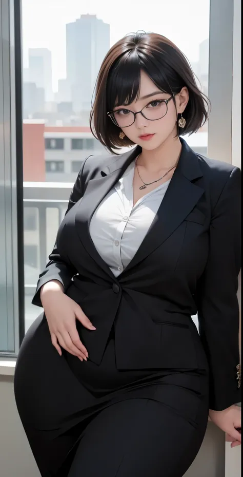 realisitic、curvaceous woman standing alone, woman in black business suit, with a business suit on, businesswoman, woman in busin...