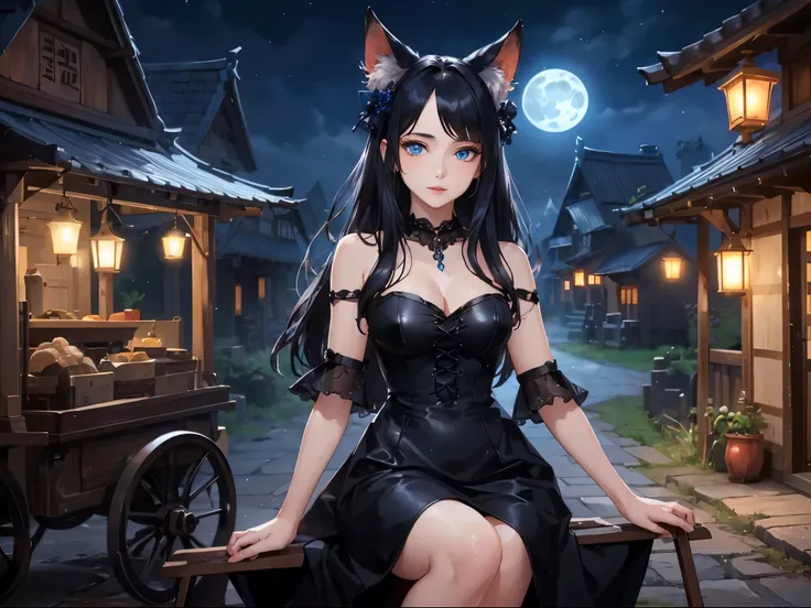 Beautiful girl with witch-like cat ears, beautiful blue eyes, long black hair, mysterious smile, ((the womans face is beautifully detailed)), moonlight, black dress, black in a rural town at night in Japanese style Cart, black leather shoes)), ((highest qu...