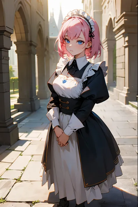 1female, pink hair, maid clothing, blue eyes, fully clothed, medieval clothing, expressionless, guild hall background, detailed background, standing on path