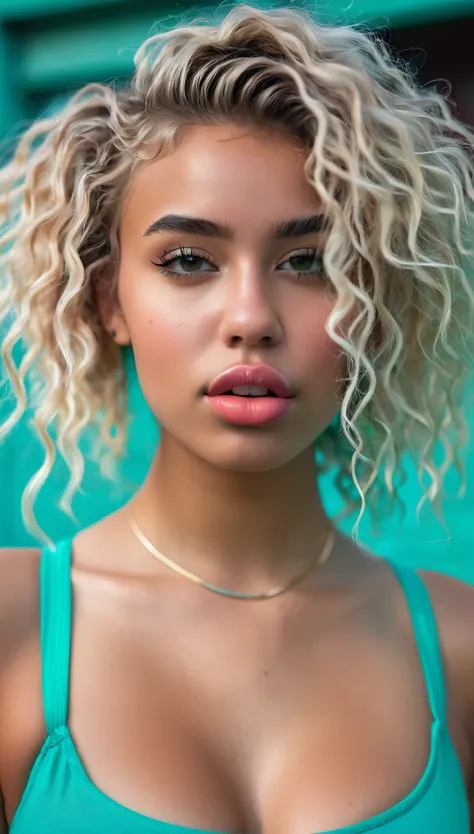 gritty candid raw portrait, close-up photo of a young 20 year old beautiful, big lips, full body, 
high cheekbones, playful, Danish and Brazillian mixed race, busty, long curly blonde and neon 
aqua undercut hair, realistic skin texture, very tall and athl...