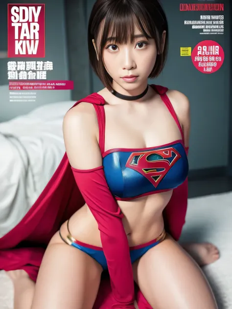 masterpiece、supergirl costume、short hair、barefoot、big and full breasts、test subject、operating room、operating table、Crisis situation、straddle、flowing sweat、shiny、look at the camera、sense of abuse、Estrus、choker、Weekly magazine cover、long sleeve、red mini skir...