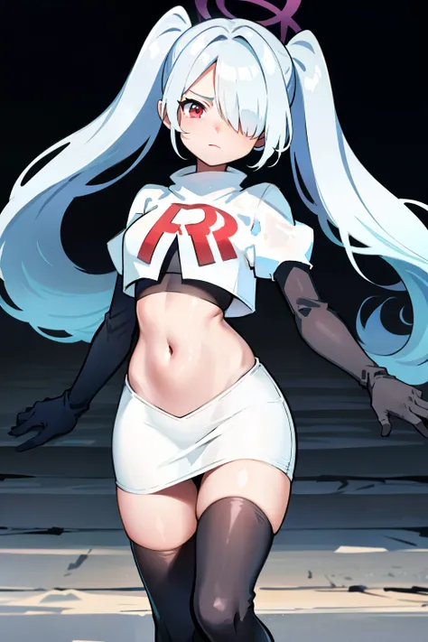 (masterpiece), 1girl, hair over one eye,magical world, shiny steps, beautiful sky, stars, jupiter, ioridef, team rocket,team rocket uniform, red letter R, white skirt,white crop top,black thigh-highs, black elbow gloves