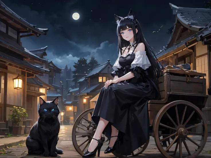 Beautiful girl with witch-like cat ears, beautiful blue eyes, long black hair, mysterious smile, ((the womans face is beautifully detailed)), moonlight, black dress, black in a rural town at night in Japanese style Cart, black leather shoes)), ((highest qu...