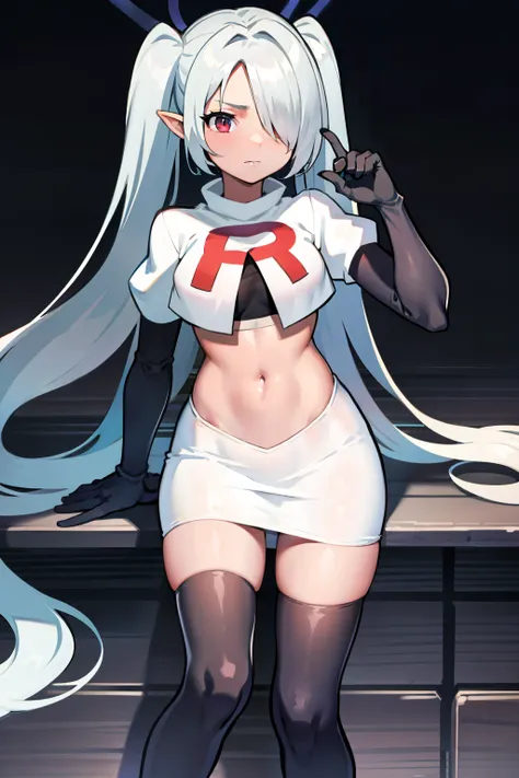 (masterpiece), 1girl, hair over one eye,magical world, shiny steps, beautiful sky, stars, jupiter, ioridef, team rocket,team rocket uniform, red letter R, white skirt,white crop top,black thigh-highs, black elbow gloves