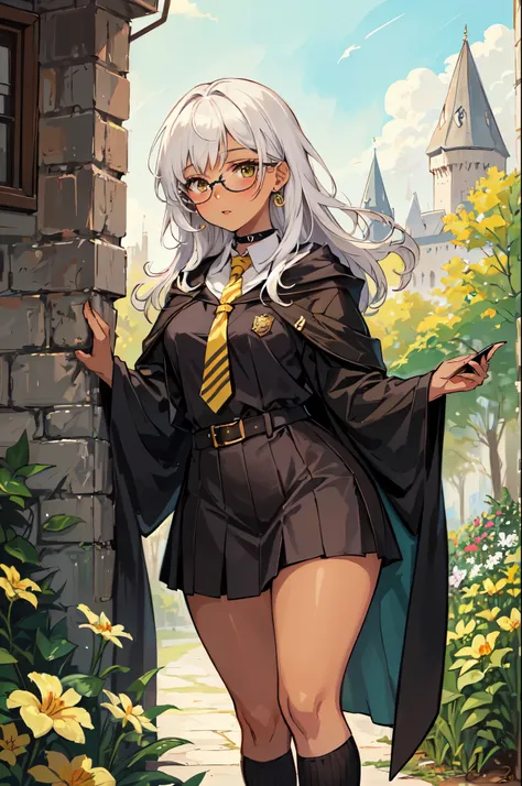 ((dark brown skin)), (best quality, ultra detailed), ((full-face blush)), (detailed background:1.2), (perfect chubby face, detailed face), (Hufflepuff), yellow cloak, (Hogwarts Legacy), looking at viewer, (young female:1.4), chubby, brown skin,  1girl, ((k...