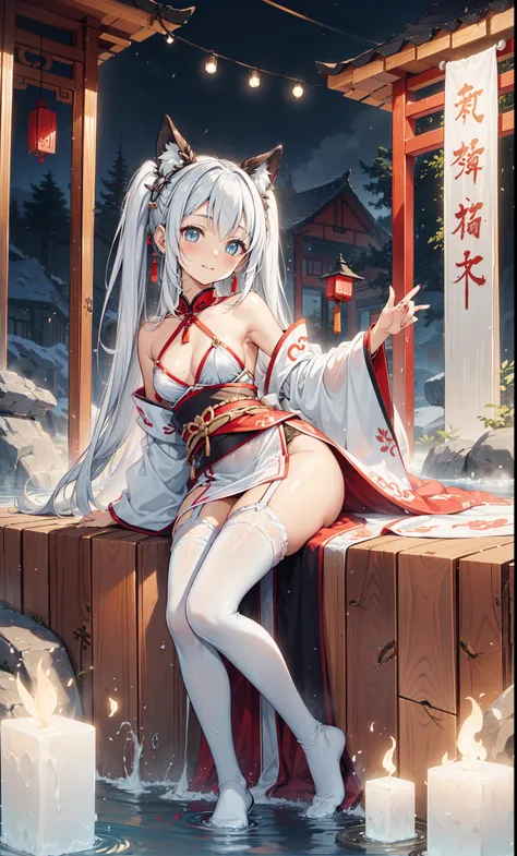 top quality，best resolution，(Soaked的白色长旗袍），super detailed, She has a white twin tail，20 years old young girl，Gorgeous的雕纹，Design intricate clothes，light eyes，she has earrings, wealth，Gorgeous，imagine, imagine，Elegant and charming，Slightly curvy figure，((Whi...