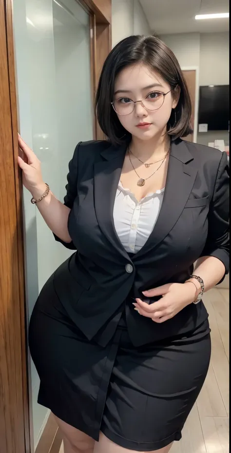 realisitic、Curvaceous woman standing alone, Woman in black business suit, with a business suit on, businesswoman, Woman in business suit, Wearing a white collar shirt under a suit、thick skirt、tight skirts、Girl in a suit, female in tight office dress, , Gir...