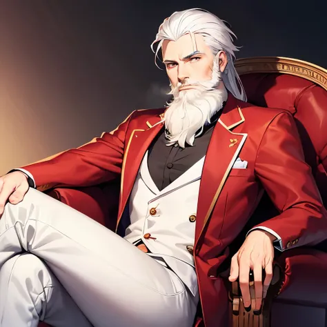 Man, white hair and beard, red and purple suit, lord, sit on a throne