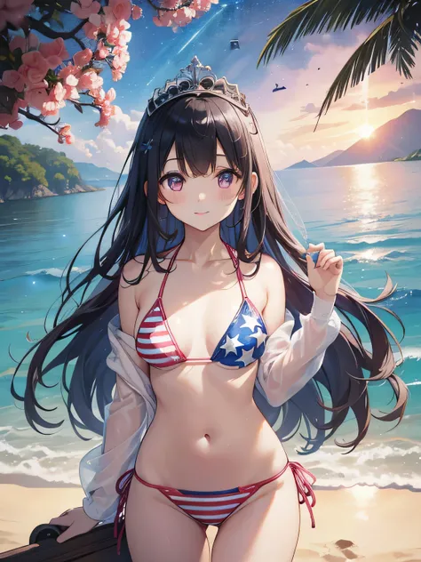 highest quality、best image quality、beautiful eyes、very delicate and beautiful、beautiful eyes、pink eyes、I、I、11 year old girl、Japanese、、Chiquita、Noble、primary school student、black hair、barefoot、(((stars and stripes bikini)))、（High leg）、tiara on head、dull smi...