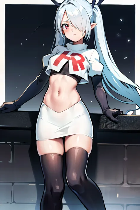 (masterpiece), 1girl, hair over one eye,magical world, shiny steps, beautiful sky, stars, jupiter, ioridef, team rocket,team rocket uniform, red letter R, white skirt,white crop top,black thigh-highs, black elbow gloves