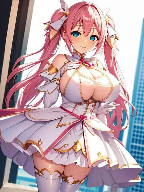 high quality，masterpiece。cute magical girl with very long pink hair，her hairstyle is long twin tails。she stands upright with her...