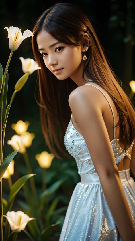 Beautiful realistic girl with BRIGHT WHITE and red long hair.... ,Close-up of clean skin with detailed skin,full length,in a short miniskirt,on an orange background,Against the background of the starry sky,bright makeup,EARRINGS WITH GLITTERS,two-leaf gray...