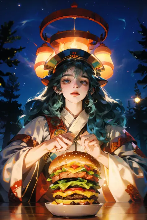 (best quality), (super fine), (masterpiece), illustration, (young man), in the forest, shaman, black skin, wearing shamans decoration, praying，In front of you is a huge KFC hamburger,