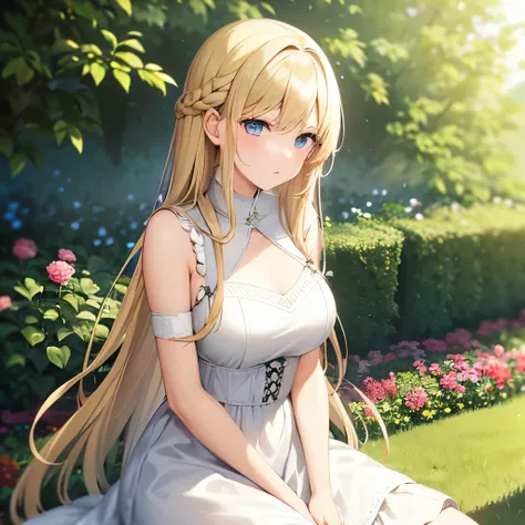 Young woman, blonde long hair, in a white and green dress, in. Garden