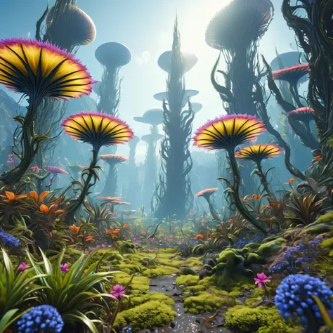 alien forest landscape with alien flowers, alien plants, realistic, ultra-detailed