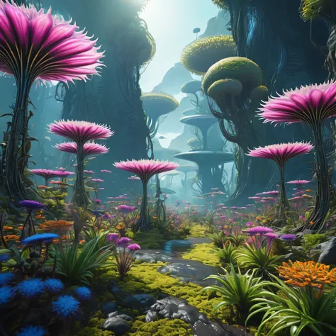 alien forest landscape with alien flowers, alien plants, realistic, ultra-detailed