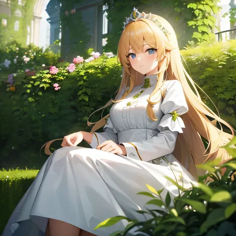 Young woman, blonde long hair, with a crown, in a white and green dress, in. Garden