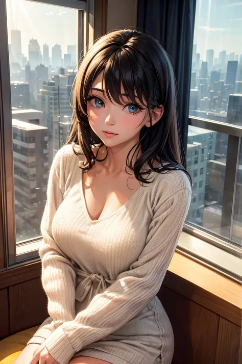 (1.2 masterpiece,best quality,realistic) Hot woman, half-asleep, just woke up in the morning, (HDR,UHD) looking out the window of an apartment building. She is wearing (vivid colored) t-shirts and no pants. The woman have (beautiful detailed) eyes and (lon...