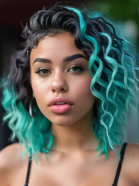 gritty candid raw full-body photo of a young 20 year old beautiful, big lips, full body, high 
cheekbones, playful, Danish and Brazilian mixed race, busty, long curly black and neon aqua undercut hair, realistic skin texture, very tall and athletic, boho-c...