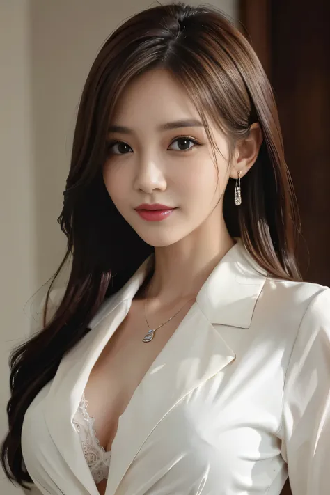 masterpiece, highest quality, realistic, Super detailed, attention to detail, High resolution, 8k wallpaper, one beautiful woman,, light brown messy hair, wearing a business suit, sharp focus, perfect dynamic composition, beautiful and detailed eyes, thin ...