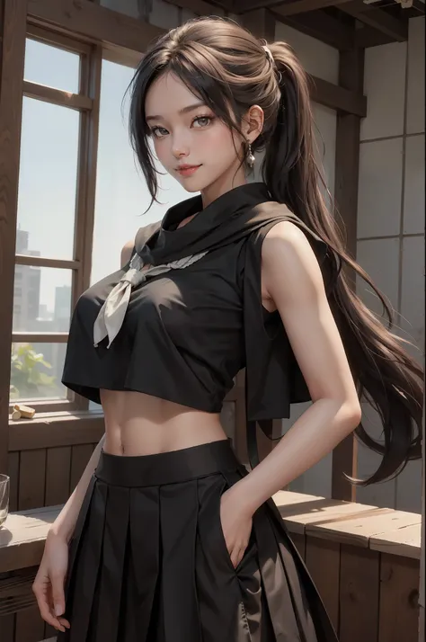 masterpiece, best quality, high resolution, Uh-huh 1, source light (destiny), Long hair tied low, Uniforms, Black Zefuku, black shirt, crop top, clavicle, scarf, diaphragm, long skirt, collar, side slits, Sailor collar, Smile, Cowboy shooting, open mouth, ...