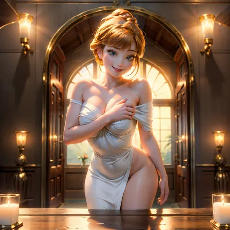 action, sexy, romantic, romantic lighting, One girl, (Anna from Disneys frozen as a milf all alone in her chambers wearing white bathtowel_nude), coming out of the shower:1.2,  showing off her curves and smiling, sexy, beautiful girl, innocent, flirtation,...