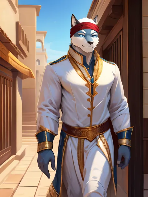 4k, ,8K, A high resolution, best quality, perfect colors, perfect shadows, perfect lighting, (posted on e621, by Chunie), male, furry, Argo (/knights college/) anthro, ( tail), solo, white fur, Blue eyes, (Realistic eye details 1.2), Wearing Muslim clothin...