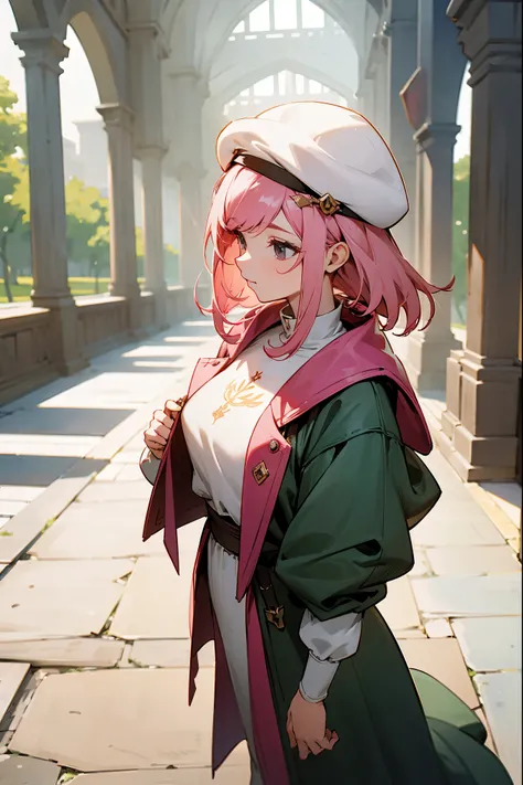 1female, backwards cap, open jacket, light clothing, pink hair, black eyes, guild hall background, medieval clothing, detailed background, standing on path