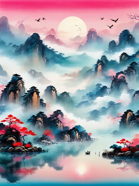 ((masterpiece))，((best quality))，((HD))，Chinese ink style，Chinese Dream Landscape，Close-up view，mist，dense teeth，lake and waves，tree，snow mountain，reflection，Minimalism，Zen aesthetics，Zen composition，Chinese landscape painting，4k，((super sharp:1.4))，clear ...