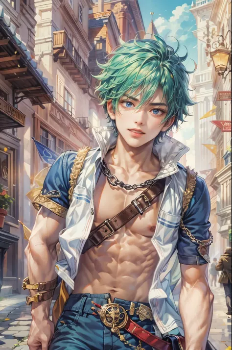 ((Best quality)), ((masterpiece)), (detailed), ((perfect face)), ((halfbody)) handsome face, male, teen boy,  perfect proportions , a character from anime fairy tail, male version , hiro mashima art, detailed town background, detailed scenery background 