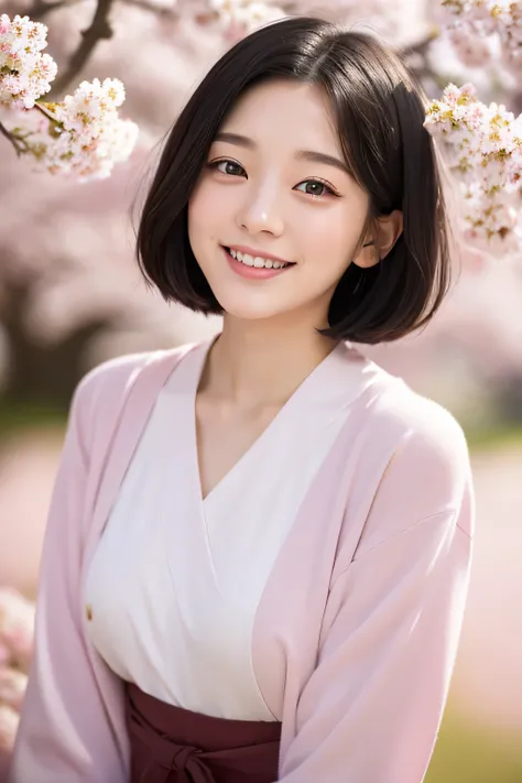 20-year-old（young）、black hair bob、natural and light makeup、Spring-like、smile、Japanese、natural finish、under the cherry tree、portrait image、cute、Spring-like clothes