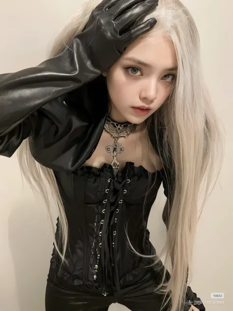 a close-up of a woman in a black corset and gloves, cruel korean gothic girl, 1 7 year old anime gothic girl, gothic horror vibe...