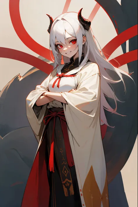 1female, white hair, red eyes, ritual, ritualistic background, medieval clothing, red markings, detailed background, standing on path, grinning, evil expression