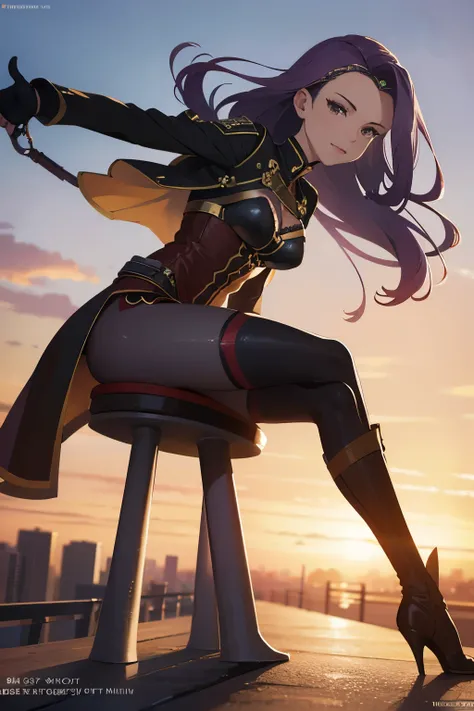 defsonya, purple hair, (((full body))), jodhpurs, riding pants, tight pants, (pants), beige pants riding coat, (((tailcoat))), red tailcoat, equestrian, equestrienne, ((riding crop)), (((brown leather thigh high boots))), (((brown leather thigh-high boots)...