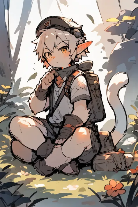 Pokemon sitting on the grass，Wearing a backpack, Concept art by Ryan Yee, pixiv contest winners, furry art, Illustration elf, Being a badass monster hunter, video game fanart, Detailed fanart,human cat, Elf art style，boy，toddler，（peaked cap）, Lovely and de...