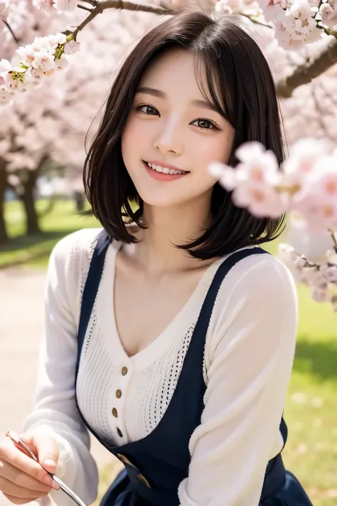 20-year-old（young）、black hair bob、natural and light makeup、Spring-like、smile、Japanese、natural finish、under the cherry tree、portrait image、cute、Spring-like clothes、eating lunch、