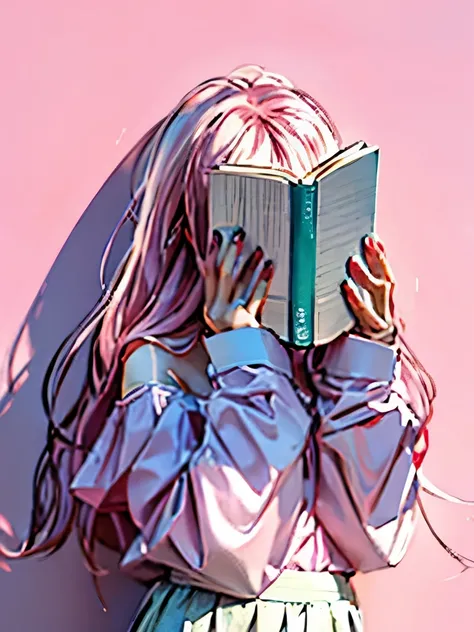 Pink and white gradient hair，pink clothes，milky white skin，light gray background，Complete skirt details，The face is covered，drawing of a woman holding a book in front of her  portrait, read a book, a comic drawing, girl sketch, author：Naka Bokunin, holding...