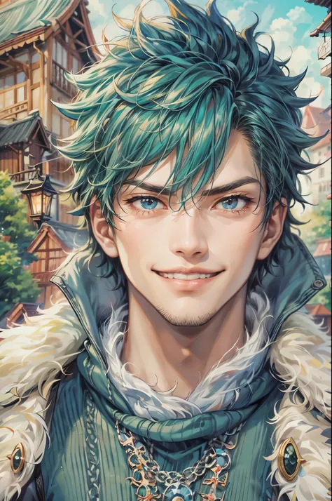 ((Best quality)), ((masterpiece)), (detailed), ((perfect face)), ((halfbody)) handsome face, male, teen boy,  perfect proportions , a character from anime fairy tail, male version , hiro mashima art, detailed ghibli town background, detailed ghibli scenery...