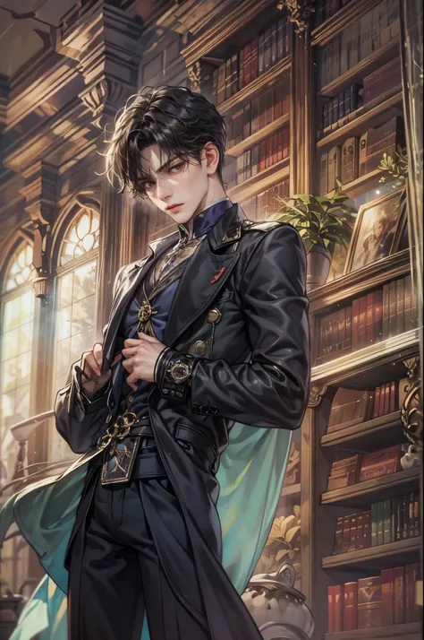 ((Best quality)), ((masterpiece)), (detailed), ((perfect face)), ((halfbody)) handsome face, male, teen boy,  perfect proportions , a character from anime ashita no nadja, phantom thief outfit, detailed library interior scenery background 