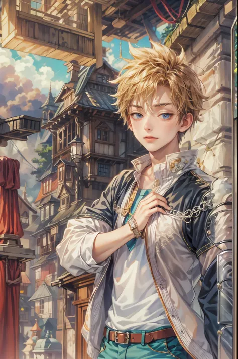 ((Best quality)), ((masterpiece)), (detailed), ((perfect face)), ((halfbody)) handsome face, male, teen boy,  perfect proportions , a character from anime fairy tail, male version , hiro mashima art, detailed ghibli town background, detailed ghibli scenery...