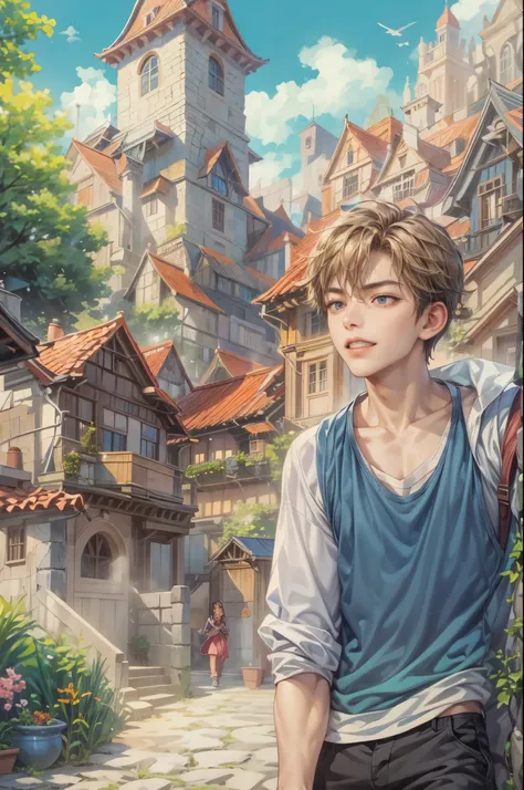 ((Best quality)), ((masterpiece)), (detailed), ((perfect face)), ((halfbody)) handsome face, male, teen boy,  perfect proportions , a character from anime fairy tail, male version , hiro mashima art, detailed ghibli town background, detailed ghibli scenery...